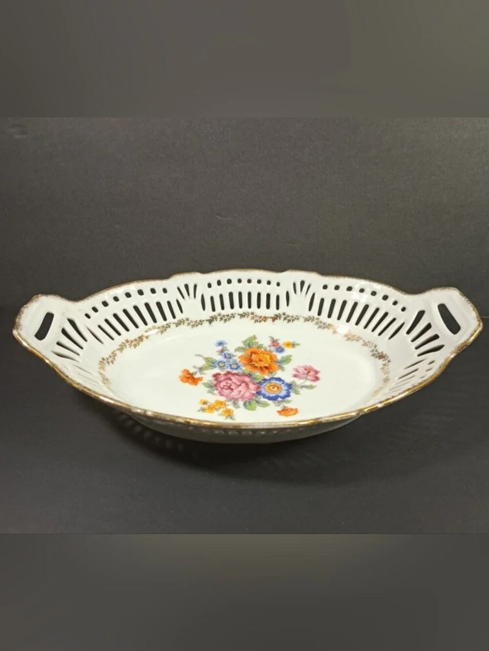 Vintage Floral Reticulated Oval Bowl Gold Trim, Pink Flowers, Made in Germany